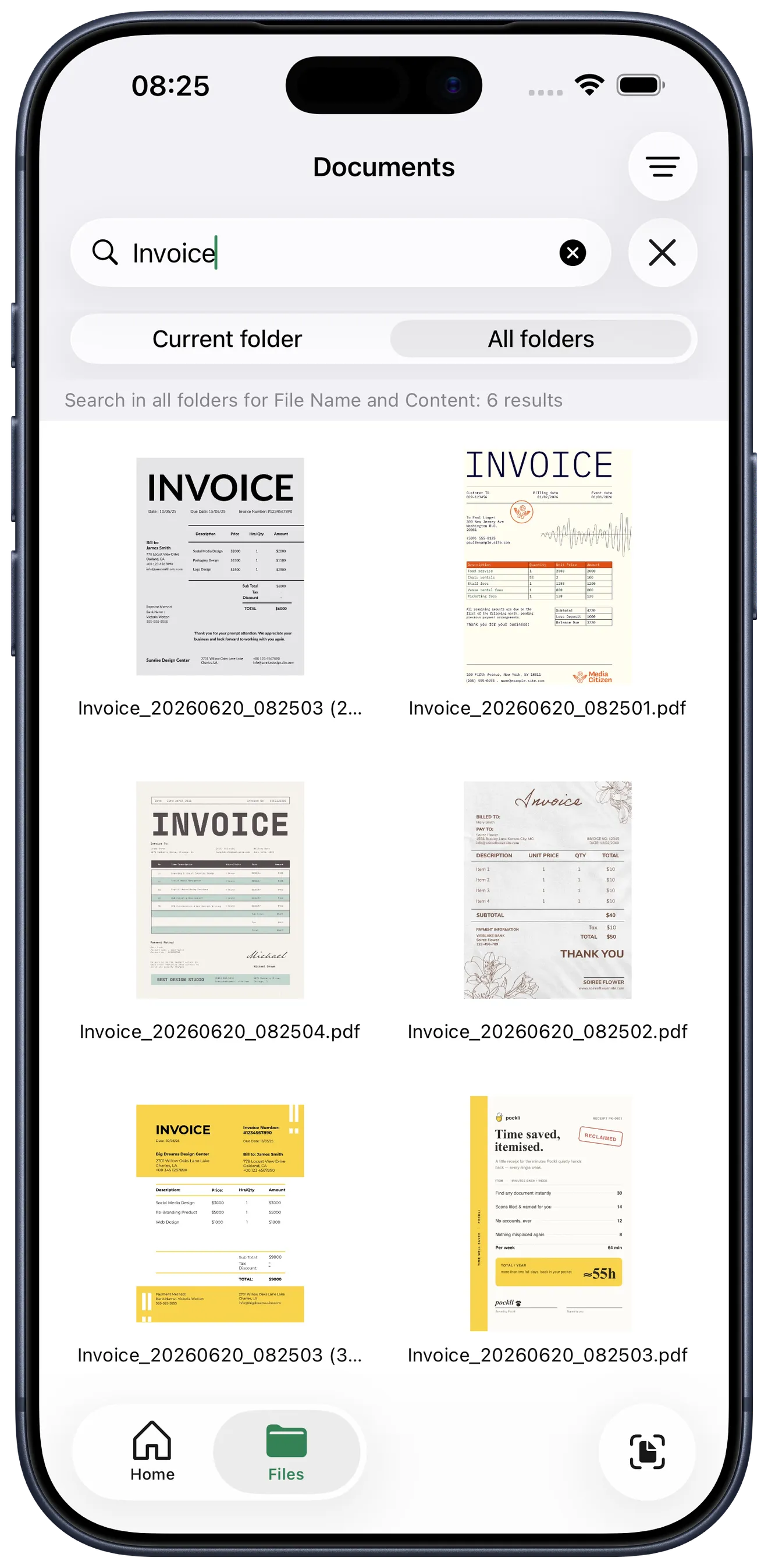 Pockli Scan full-text search finding documents instantly on iPhone