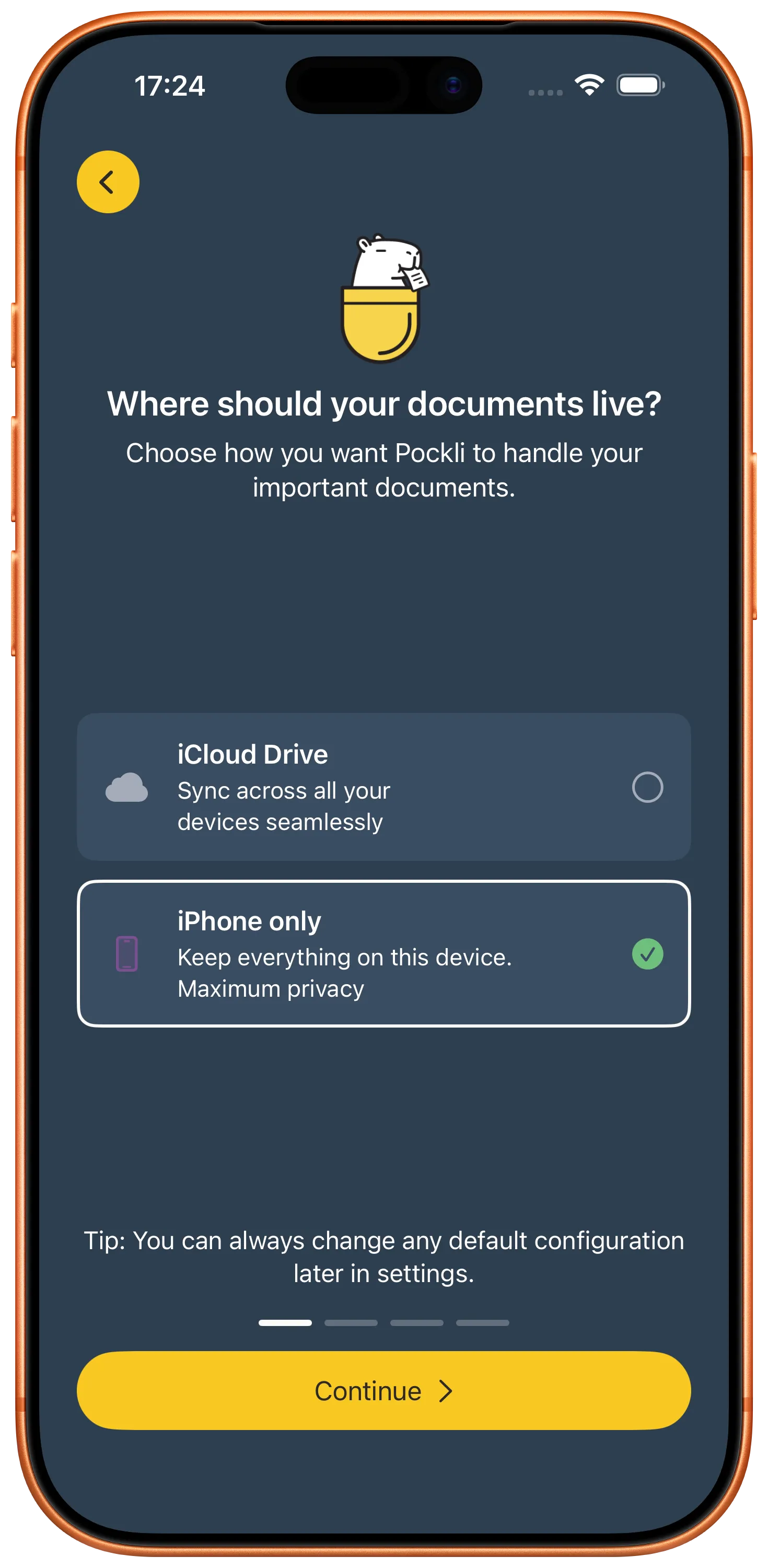 Pockli Scan private document storage — documents stay on your device and iCloud